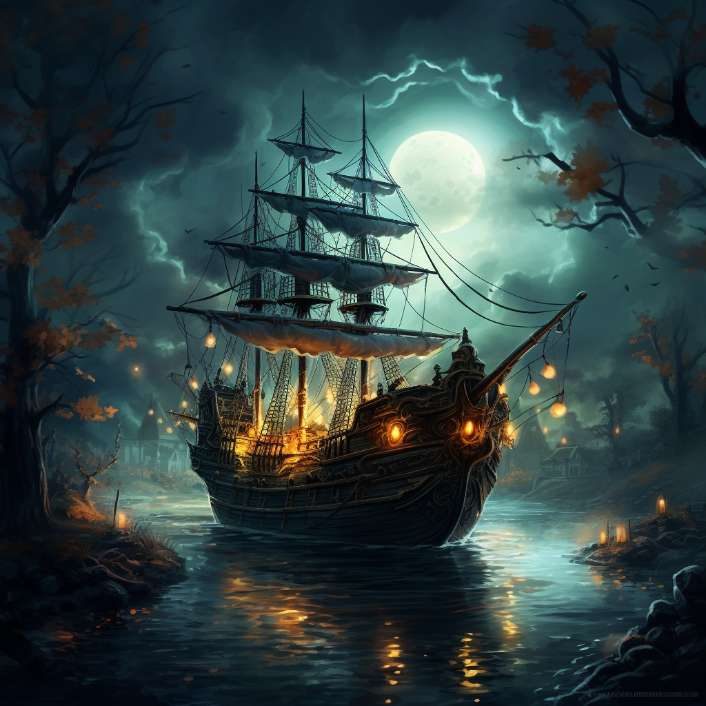 Spooky Halloween ship sailing under the moonlight on the water